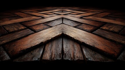 Poster - Close up of a wooden floor with a cross pattern. The floor is made of wood and has a dark brown color