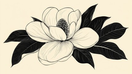 Hand-drawn Magnolia Blossom. Monochrome Floral Illustration for Wedding Design