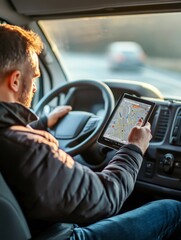 Poster - A logistics manager actively monitors delivery routes using a tablet while driving, effectively utilizing AI technology for improved operational efficiency and gaining invaluable realtime insights