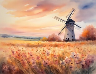 An illustration of a windmill surround by flowers at sunset.