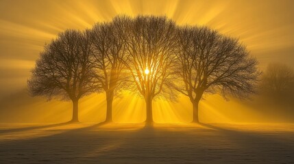 Wall Mural - Three bare trees silhouetted against a sunrise with sunbeams radiating out.