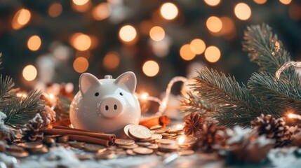 Poster - A charming piggy bank sits amidst a scattering of coins, surrounded by pine branches and festive decorations, capturing the essence of the holiday spirit in a cozy atmosphere filled with lights.