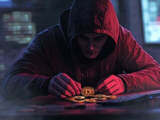 Poster - male hacker stealing crypto currency concept