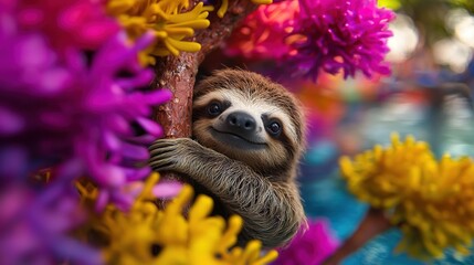 Wall Mural -   A sloth, with fur shades of brown and white, is hanging from a tree, surrounded by purple, yellow, and pink blossoms