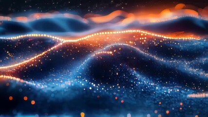 Poster - Abstract digital waves with glowing particles in blue and orange, evoking a futuristic landscape or data flow