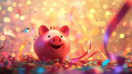 Poster - A pink piggy bank stands in a festive setting surrounded by multi-colored confetti and ribbons. The piggy bank has a wide grin and appears to be celebrating.