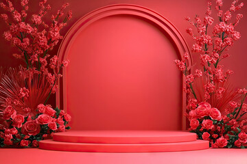 vibrant red podium backdrop adorned with floral arrangements, creating stunning visual display for events or photography. rich colors evoke sense of elegance and celebration