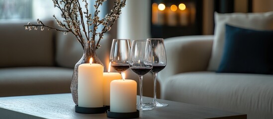 Close up of burning candles and wine glasses on an elegantly set living room table perfect for a romantic evening