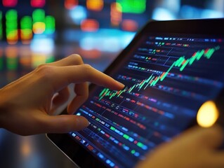 Poster - Man using tablet with stock market graph on background. Generative AI.