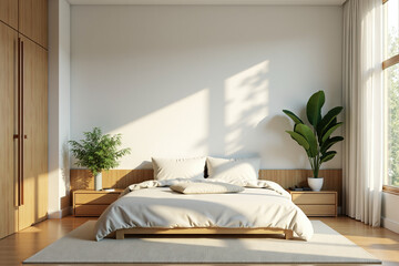 Wall Mural - Minimalist Bedroom with Natural Wooden Furniture and Plants