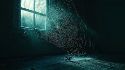 Intricate Spider Web Glistening in Dimly Lit Corner   Nature s Beauty and Fear Concept