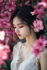 Poster - Elegant Young Woman Surrounded by Beautiful Pink Blossoms in a Serene Outdoor Setting, Capturing Calmness and Natural Beauty with Delicate Floral Details