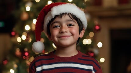 Poster - A cheerful young boy dressed in a striped sweater beams with happiness while standing in front of a beautifully adorned Christmas tree, complete with twinkling lights and ornaments.