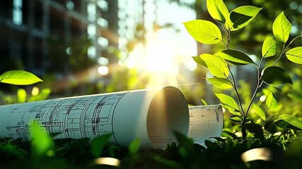 Wall Mural - architectural blueprints rest amidst an array of greenery, with sunlight filtering through the leave