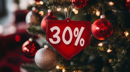 Poster - A red ornament with the number 30 printed in white hangs on a Christmas tree. The ornament is surrounded by other red ornaments and lights.