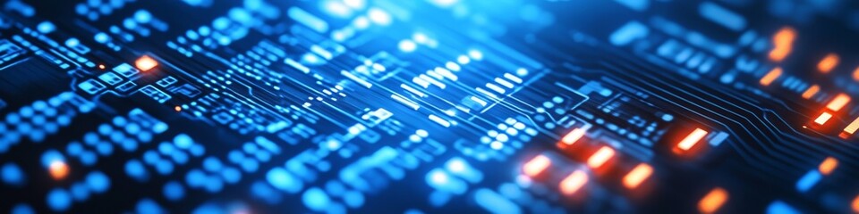 Poster - This visually stunning digital background features a captivating futuristic network with glowing chips and intricate connections, ideal for techthemed projects or presentations requiring attention