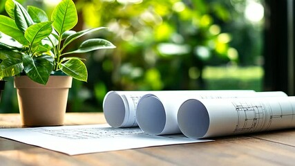 Wall Mural - rolled-up blueprints lie next to potted plants and green leaves, illustrating the connection between