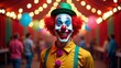 © useful pictures - A happy clown in bright makeup and attire entertains guests at a lively indoor celebration, surrounded by colorful decorations and festive lighting, creating a joyful atmosphere