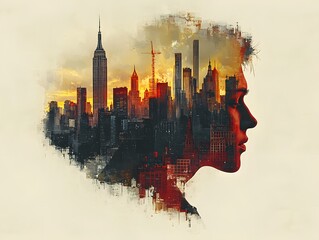 Poster - Profile Portrait with New York Skyline at Sunset in Artistic Double Exposure Technique, Capturing Urban Spirit and Individuality Through Creative Visualization