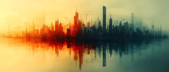 Poster - Stunning Abstract Skyline Reflection with Vibrant Colors and Soft Focus, Depicting a Modern City Landscape at Sunset Over Water with Building Silhouettes