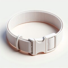 Various perspectives of a mockup of a blank white dog collar with a plastic buckle, rendered in 3D. Isolated, empty strap fastening mock-up for household pets.
