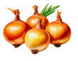 © AI MAGIC  - Illustration of three yellow onions on a white background two whole onions and one with green shoots emerging