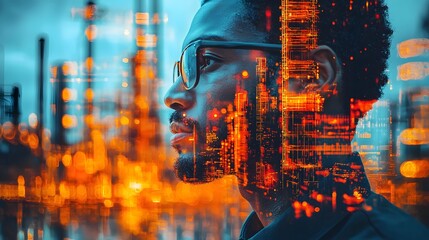 Poster - Profile of a thoughtful man gazing into the distance with an urban skyline and glowing city lights layered over him, symbolizing ambition and vision for the future.