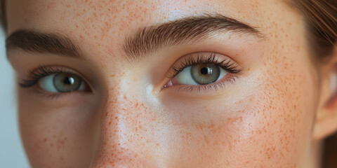 Wall Mural - Close-up of freckled young woman's eyes with natural beauty focus