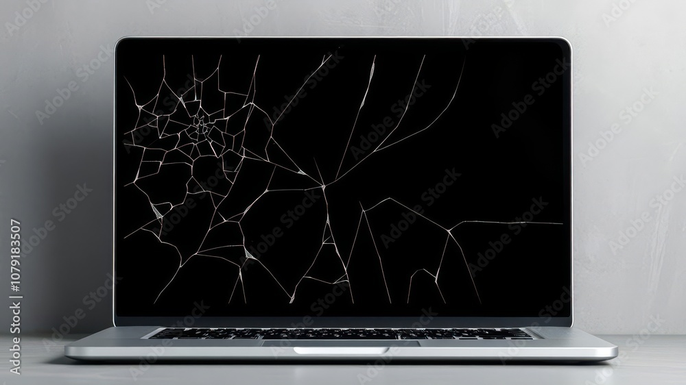 Broken laptop screen with visible cracks on a grey background, close up ...