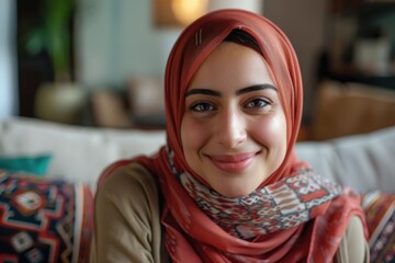 Wall Mural - Mixed Smile Woman. Portrait of Beautiful Arabic Female at Home Smiling with Broad Bright Smile