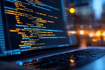 Fototapete - Close-up of a laptop displaying colorful code at night in a bustling city environment