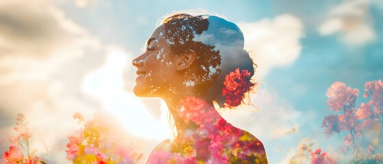 Poster - Serene woman in a double exposure featuring vibrant flowers and a sunny sky, embodying peace, nature, and harmony in a beautiful landscape setting