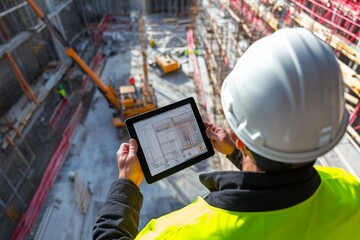 Architect Inspecting Construction Site from Above with Tablet