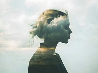 Poster - Ethereal Portrait of a Young Woman with Dreamlike Double Exposure of Clouds and Ocean Waves, Capturing a Serene and Reflective Mood in Nature's Embrace