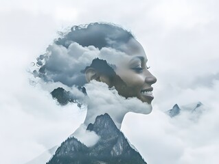 Aufkleber - Ethereal Portrait of a Woman with a Mountain Landscape and Clouds Blending into Her Silhouette, Symbolizing Natural Beauty and Serenity in a Dreamlike Environment