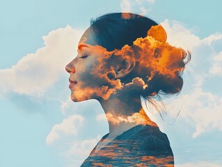 Poster - Serene Profile of a Woman with Dreamy Clouds and Ocean Waves in a Surreal Double Exposure Capture of Nature and Human Connection