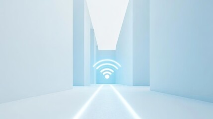 Poster - Minimalist hallway with futuristic Wi-Fi symbol glowing in a bright, serene environment representing modern technology and connectivity in a digital age