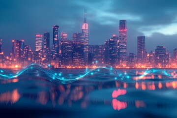 Poster - A vibrant and dynamic city skyline, beautifully illuminated at night featuring modern and cuttingedge architecture, symbolizes the thrilling and exciting future of urban connectivity and innovation