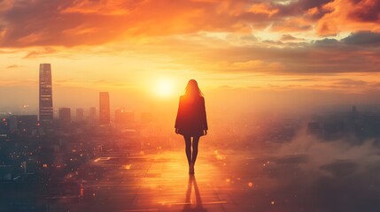 Aufkleber - Serene Silhouette of a Woman Against a Stunning Sunset Over a Vibrant City Skyline, Capturing the Essence of Reflection and Contemplation in Nature's Beauty