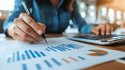 Poster - Business professional analyzing financial data with graphs and charts while using a calculator in a modern office environment, showcasing productivity and focus