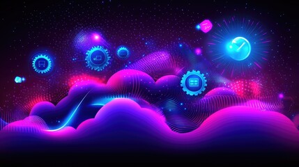 Poster - Futuristic Digital Landscape with Vibrant Colors and Abstract Elements Representing Technology and Innovation in a Cloud Environment