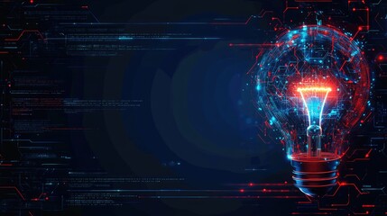 Poster - Abstract technological background with illuminated light bulb representing innovation and digital transformation with futuristic circuits and data flow elements