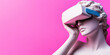 © SnowElf - Plaster antique statue of a man with virtual augmented reality glasses on her head on a colored background with copy space, banner template