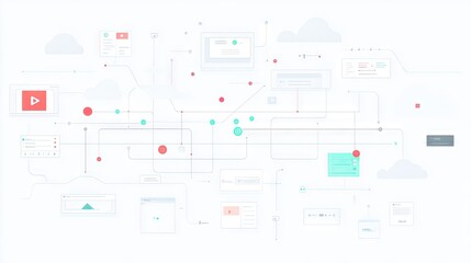 Poster - Abstract Digital Network Concept with Geometric Shapes and Circuit-Like Connections, Representing Data Flow and Cloud Technology in a Minimalistic Style