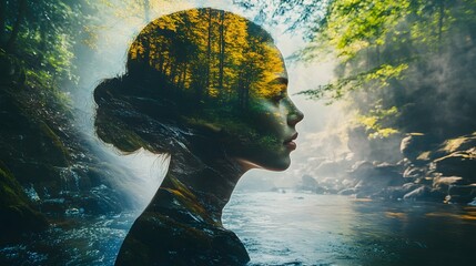 Poster - Serene Double Exposure Image of a Woman's Silhouette Merging with Lush Forest and Reflective Water, Symbolizing Nature and Inner Peace