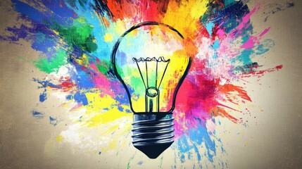 Poster - Vibrant Light Bulb Surrounded by Colorful Paint Splashes, Symbolizing Creativity, Inspiration, Innovation, and Artistic Expression in a Dynamic Composition