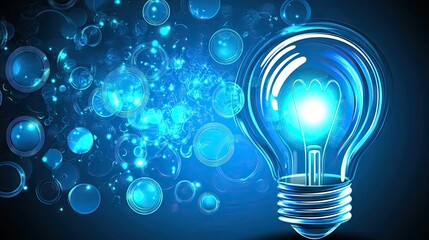 Poster - Bright and Colorful Light Bulb Illuminating a Blue Background with Abstract Bubbles and Sparkles Representing Creativity and Innovative Ideas