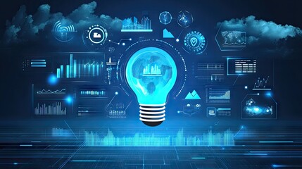 Poster - Futuristic Digital Light Bulb Surrounded by Graphs, Data Visualizations, and Technology Icons in a Dark Blue Background Representing Innovation and Creativity Concepts