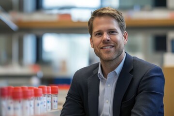 Poster - professional smiling man in a laboratory setting with scientific equipment in the background
