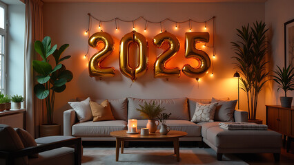 Wall Mural - Cozy New Year's Eve party decor with 2025 balloons in living room